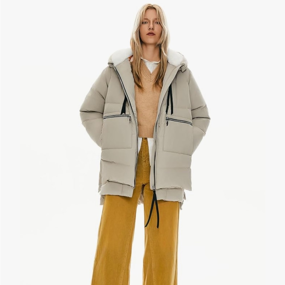 Orolay Beige Duck Down Puffer Jacket Hooded Fleece Lined Side Zip Coat | S | NWT - Picture 5 of 9
